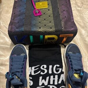 Kurt Geiger Rainbow Tote and Blue Sneakers